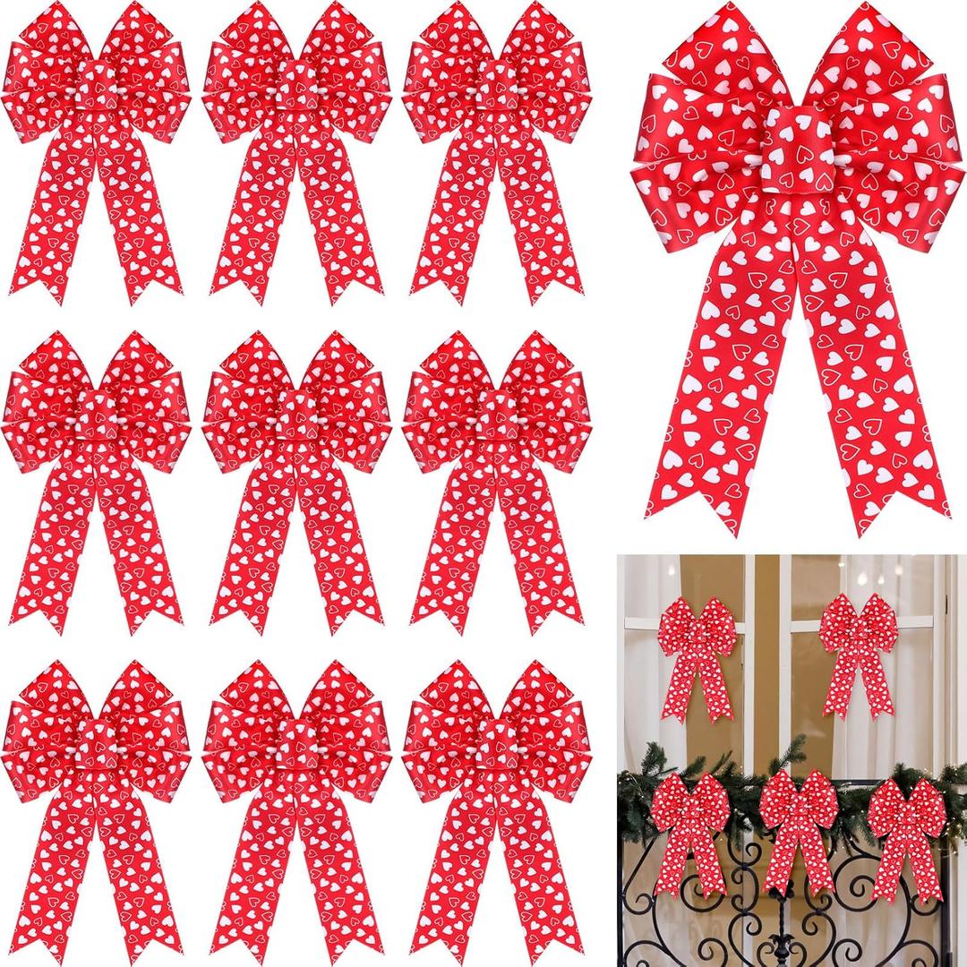 Zeyune 10 Pcs Mother's Day Wreath Bows Large Red Tree Topper Bow Heart Premade Ornament for Mother's Day Wreath Decorative for Spring Wedding Birthday Party Indoor Outdoor Home Decor