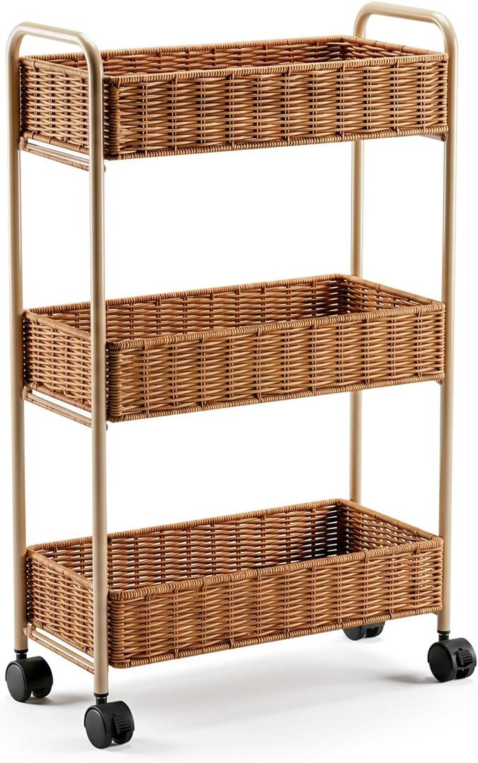 3-Tier Slim Rolling Storage Cart with Wheels, Utility Storage Organizer for Bathroom Kitchen Living Room Narrow Spaces, Natural