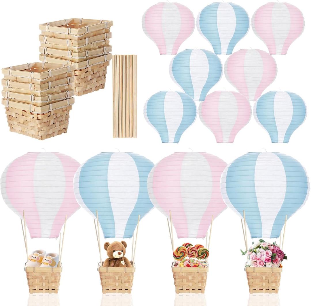 Meooeck 8 Sets Hot Air Balloon Table Centerpieces 11.8'' Paper Lanterns Woven Baskets with Sticks for DIY Gender Reveal Birthday Baby Shower Wedding Decor (Pink and Blue)