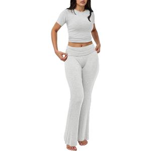 Motarto Women's 2 Piece Lounge Sets Short Sleeve Slim Fit Foldover Flare Pants Crop Top Casual Loungewear PJ (X-Large, Light Grey)