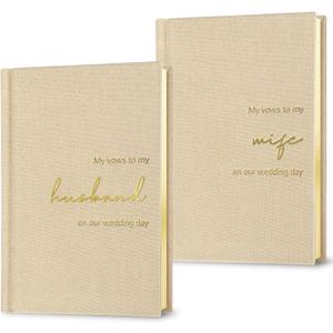 Wedding Vow Books His and Hers-Canvas Linen Foil Embossed, Set of 2 Vow Books Husband and Wife-Wedding EssentialsBeige + Beige (XZ-HW-Beige)
