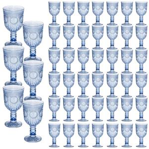 12 Pack Vintage Wine Glasses, Plastic Reusable 12 Ounce Colored Water Goblets, Unique Flower Embossed Pattern Unbreakable Stemmed Wine Glasses High Clear Wedding Party Bar Drinking Cups Blue