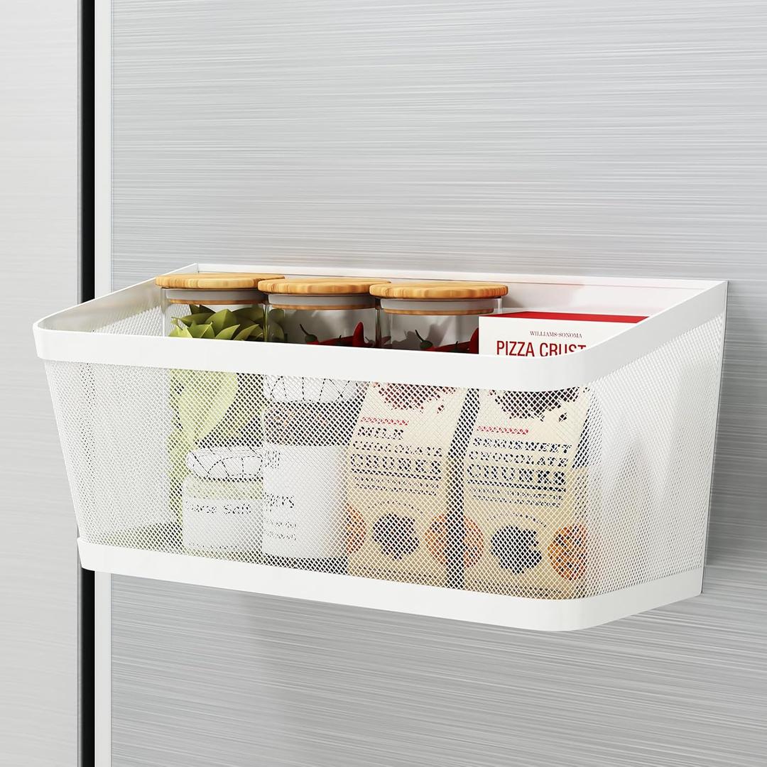 1 Pc Magnetic Spice Rack for Fridge Magnet Hanging Basket Holder for Seasonings Fruit Vegetables Coffee Beans Magnetic Organizer Shelf, Kitchen Refrigerator Organizers and Storage, Metal (1, White)