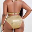 OYOANGLE Women's Plus Size Metallic Swimsuits Ring Linked High Waisted Bikini Set Halter Bathing Suits (Gold, XXL)