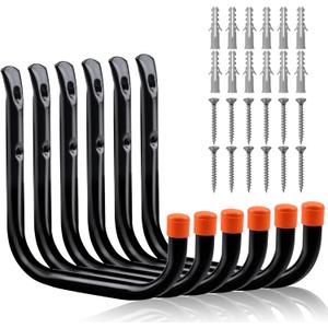 HORUSDY 6 Pack 8 Inch Heavy Duty Garage Hooks, Wall Mount Storage Hangers for Ladder, Bike, Hose, Tools, Holds up to 30LBS, Large Utility Hooks with Screws & Anchors, 7.5" x 7.68" (Black)