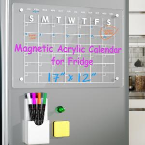 Magnetic Acrylic Calendar for Fridge 17"x12" Clear Dry Erase Calendar Board for Refrigerator Includes 4 Dry Erase Markers and Eraser