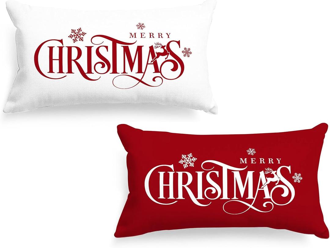 Lanpn 12x20 Red Christmas Lumbar Pillow Covers Set of 2, Xmas Decorations Cushion, Merry Christmas Pattern Pillowcase Pillows, Winter Holiday Decorative Pillow Case, Indoor Home Bedroom Sofa Decor