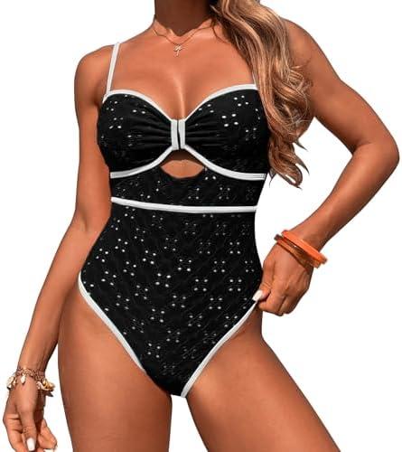 HXN Women's One Piece Swimsuit Tummy Control Bathing Suit Color Block Cutout Slimming Swim Suit Swimwear 2025, Size: L