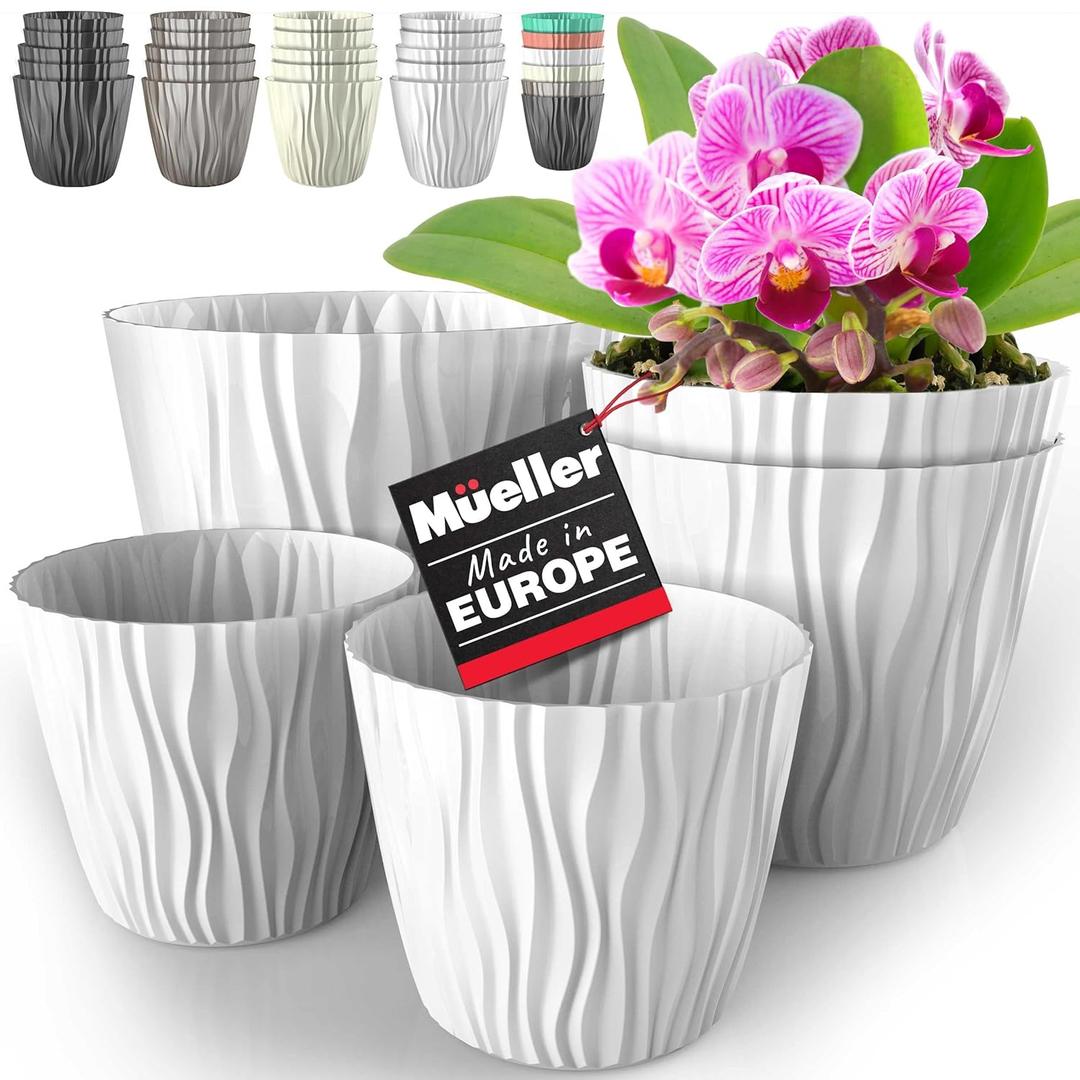 Mueller European-Made 5/1 Plant Pots 6/7.5/9.2" - Flower Pots Set with Inner Drainage for Indoor and Outdoor Use, Modern Decorative Planters for Plants, Flowers, and Herbs - White