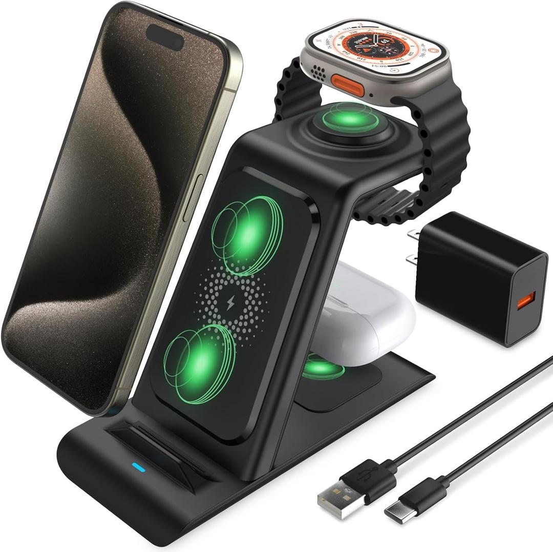 HATALKIN 3 in 1 Wireless Charging Station Compatible for Apple Products Multiple Devices Charger for Apple Watch ultra 10 9 8 7 SE 6 5 AirPods Pro iPhone 16 15 14 13 12 Pro Max/X/XS Fast Charger Stand
