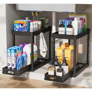 POUGNY 2 Pack Pull-Out Storage Organizers, Under Sink Organizer and Storage for Bathroom & Kitchen, Multi-Purpose Under Cabinet Organizers and storage Black, Size: 12.8IN