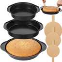 Purpeak 10/8/6 Inches Round Cake Pan with Handle, 3 Set Nonstick Baking Pan with Parchment Paper, Carbon Steel Cake Mold, Dishwasher Safe Bakeware for Baking Layer Cakes Pizza Pie