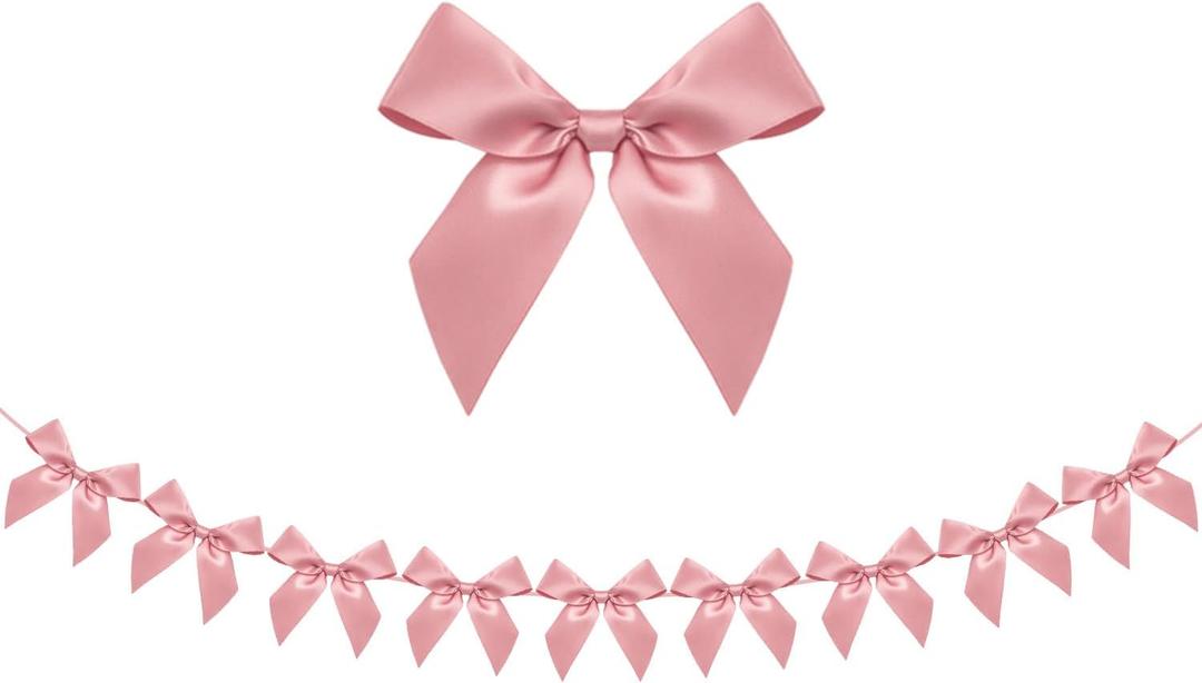 Rose Pink Bow Garland Banner 1 Strings 9PCS, Pre-Strung Satin Ribbon Bow Ornaments for Birthday, Baby Shower, Bridal Shower, Wedding, Bachelorette Party, Engagement, Anniversary, Graduation Decor