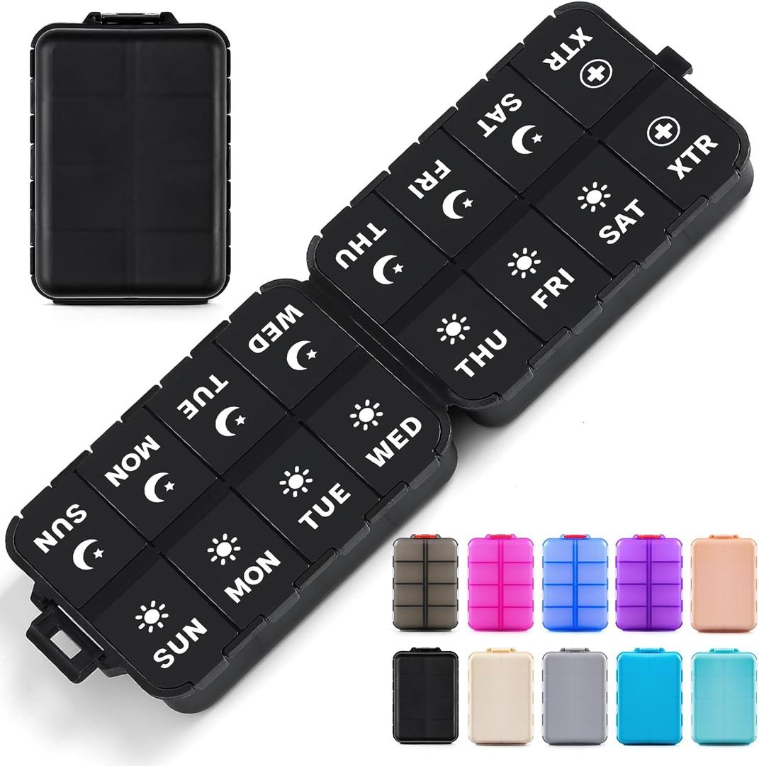 Foldable Weekly Pill Organizer 2 Times a Day with 2 Extra Compartments (Clear Printed Labels) - Portable 7 Day AM PM Medicine Box, Week Daily Travel Pill Case Holder for Vitamin, Supplement - Black