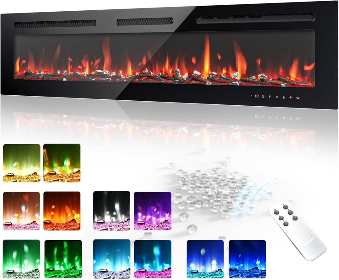 EUHOMY 60 Inch Electric Fireplace Wall Recessed and Wall Mounted with Adjustable Flame Color, Fireplace Heater with Remote Control, Linear Fireplace with Timer, Touch Screen, Log & Crystal, 750/1500W