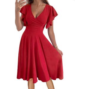 Women's Cocktail Dress Wrap V Neck Ruffle Short Sleeve A Line Work Formal Wedding Guest Midi Dress with Pockets (Red, S)