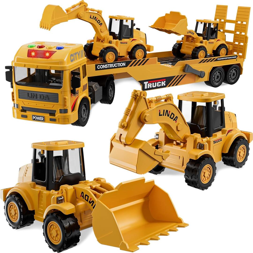 3-in-1 Excavator Bulldozer Engineering Semi-Truck Toy Set for Boy Gift Age 3 4 5 6 7 Large Transport Vehicle Road Trailer Truck Loader Kids Play Inertia Construction Toy Toddlers Digger Sound Light (Yellow Heavy-duty Construction Truck)