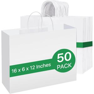 Johuivo White Paper Bags with Handles, 50 Pcs White Shopping Paper Bags, Recyclable Kraft Gift Bag and Retail Bag for Small Business, Grocery, Party Favors, 16x6x12 Inches