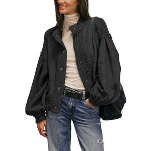 Cardigan Jacket for Women Loose Fit Ribbed Knit Trim Casual Jacket Shacket with Pockets (Large, Black)