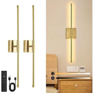 2 Pack Wall Sconces Battery Operated, Wall Sconces 3000K-6000K Dimmable Rechargeable Wall Sconce with Remote Control, 350Rotate LED Wireless Wall Lights for Living Room, Hallway, Bedroom(Gold)