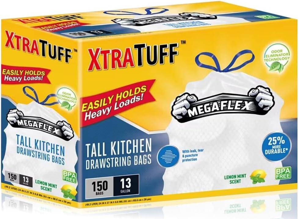 XtraTuff Tall Kitchen Drawstring Trash Bags, 13 Gallon, 150 Count, Lemon Mint Scented, MegaFlex Technology, Leak and Puncture Resistant, BPA Free