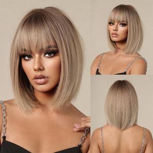 Blonde Ombre Bob Wig with Bangs for Women  Short Straight Synthetic Wig, 12 inches Natural-Looking Heat Resistant Hair for Daily Wear, Cosplay, Party (Style 7)