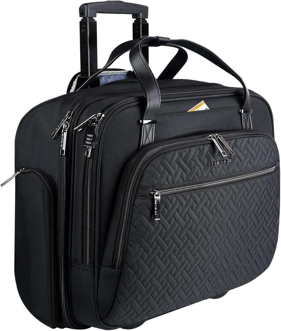 EMPSIGN Rolling Laptop Bag, 15.6 Inch Roller Briefcase with Wheel, Rolling Underaeat Computer Bag with Water-Proof RFID Pockets for Travel Business Work-Quilted Black
