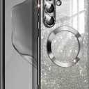 Casetego for Galaxy S25 5G Case,Compatible with MagSafe,Clear Magnetic Glitter Gradient Sparkle Luxury Plated Soft TPU Bumper Full Camera Lens Protector for Samsung Galaxy S25 5G,Black