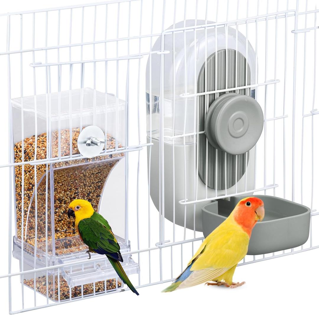 Lemtrflo No Mess Bird Feeder & Water Dispenser Set - Automatic Feeding & Hydration, Parakeet Cage Accessories for Parrots, Cockatiels, Finches, Lovebirds & Budgies