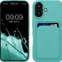 kwmobile Case Compatible with Apple iPhone 16 Case - TPU Phone Cover with Credit Card Holder - Mint