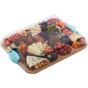 Farberware Build-A-Board Bamboo Cutting Board with Built-in Compartments and Clear Locking Lid with Blue Handles, Perfect for Charcuterie, Snacks, and More
