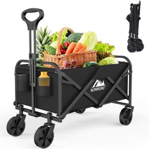Foldable Utility Wagons Heavy Duty Folding Grocery Cart on Wheels, 200 lbs Capacity with Side Pockets for Garden, Shopping, Sporting and Beach Outdoor Use (Rubber Wheel Black)