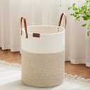 VIPOSCO Tall Laundry Basket, Large Dirty Clothes Hamper with Leather Handle, Woven Rope Storage Basket for Blanket, Toy In Living Room, Bathroom, Bedroom - 53L White & Brown