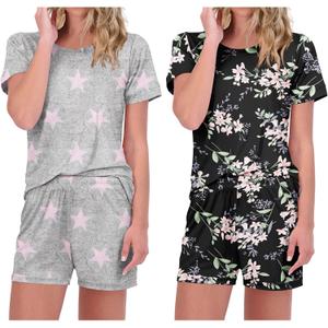 Ekouaer 2 Pack Pajamas Short Sleeve Top with Shorts Sets Comfy Pjs Lounge Sets Sleepwear for Women (Medium, Pink Star/Black Floral)