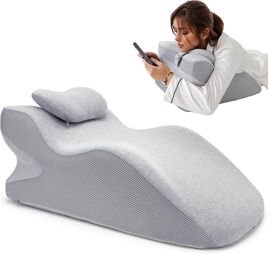 Adult Ergonomic Memory Foam Bed Triangle Wedge Pillow Headboard for Sitting up Back Neck Pain Relief with Face Down Massage Prone Pillow Function for Reading, with Washable Cover (Grey)
