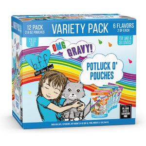 Weruva B.F.F. OMG - Best Feline Friend Oh My Gravy!, Variety Pack, Potluck O' Pouches, Wet Cat Food, 2.8Oz Pouches (Pack of 12) (EXP 11/18/28)