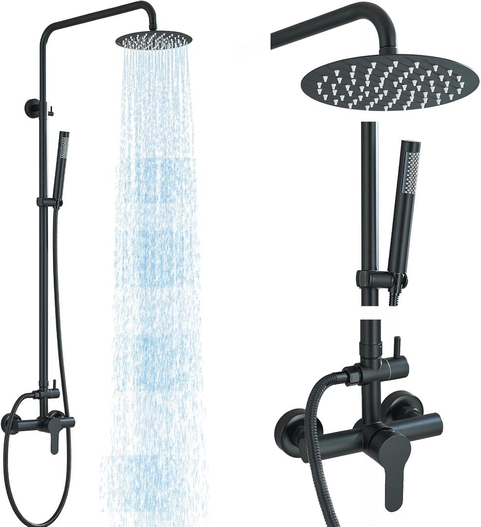 Shower System Matte Black Outdoor Shower Fixtures with 8" Rain Shower Head Handheld Sprayer Single Handle 304 Stainless Steel Wall Mounted Shower Shower Faucet Combo for Bathroom or Backyard, Matte Black 