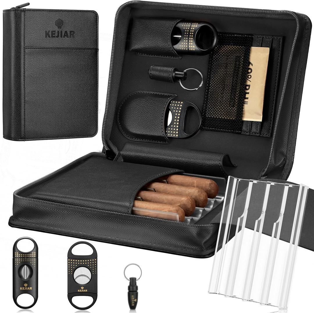 Cigar Humidor Case, Portable Cigar Box with Cigar V Cutter, Straight Cigar Cutter, Cigar Punch, Cigar Humidifier Packs, Travel Humidor and Cigar Accessories Gift Set Leather Cigar Case (Black) Cigar Humidor Case, Portable Cigar Box with Cigar V Cutter, Straight Cigar Cutter, Cigar Punch, Cigar Humidifier Packs, Travel Humidor and Cigar Accessories Gift Set Leather Cigar Case (Black)