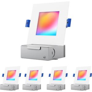 4" LED Smart Slim Recessed Pot Light, Square, WiFi APP & Voice Control, 120VAC, 9W, 600LM, RGB + 2700K-6000K, ETL & FCC & IC Rated, Wet Location, Works With Alexa/Google Home, White - 4 Packs (RGB (Red, Green, Blue))