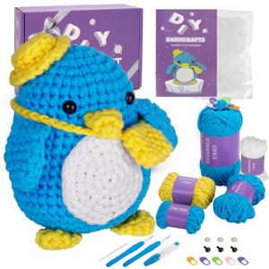 Auoinge Crochet Kit for Beginners, Cute Penguin Crochet Stater Kit with Step-by-Step Video Tutorials for Adults Kids Crochet Animals Knitting Kit with Enough Yarn