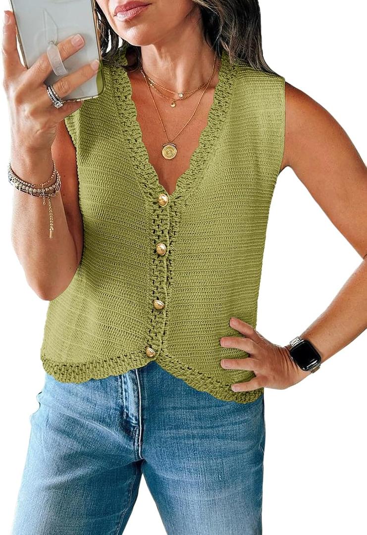 Saodimallsu Womens Sleeveless V Neck Sweater Vest Cropped Button Down Casual Loose Knit Summer Going Out Tops, Large
