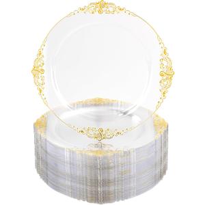 Nervure 100PCS Clear and Gold Plastic Plates - 10.25Inch Gold Disposable Plates - Heavyweight Dinner Plate for Wedding & Party