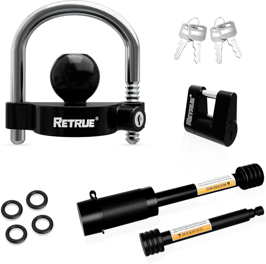 RETRUE HeavyDuty KeyedAlike Trailer Lock Set  Universal Coupler, Dual Hitch Receiver Pin, and Trailer Tongue Locks Included, Black