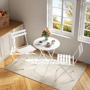 Bistro Table and Chairs Set, 2/3 Outdoor or Indoor Piece Bistro Sets with 2 Foldable Chairs and Premium Frame Foldable Coffee Table, for Garden, Yard and Balcony, White