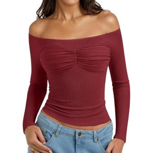 PINKMSTYLE Womens Off Shoulder Long Sleeve Top Fall Going Out Tops for Date Night Club Concert Outfits (Red, S)