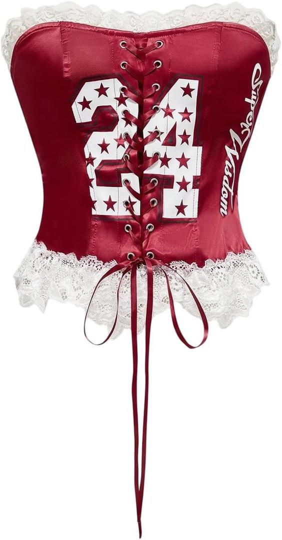 Floerns Women's Y2K Graphic Lace Up Corset Bustier Floral Lace Strapless Party Club Crop Tube Tops (S)
