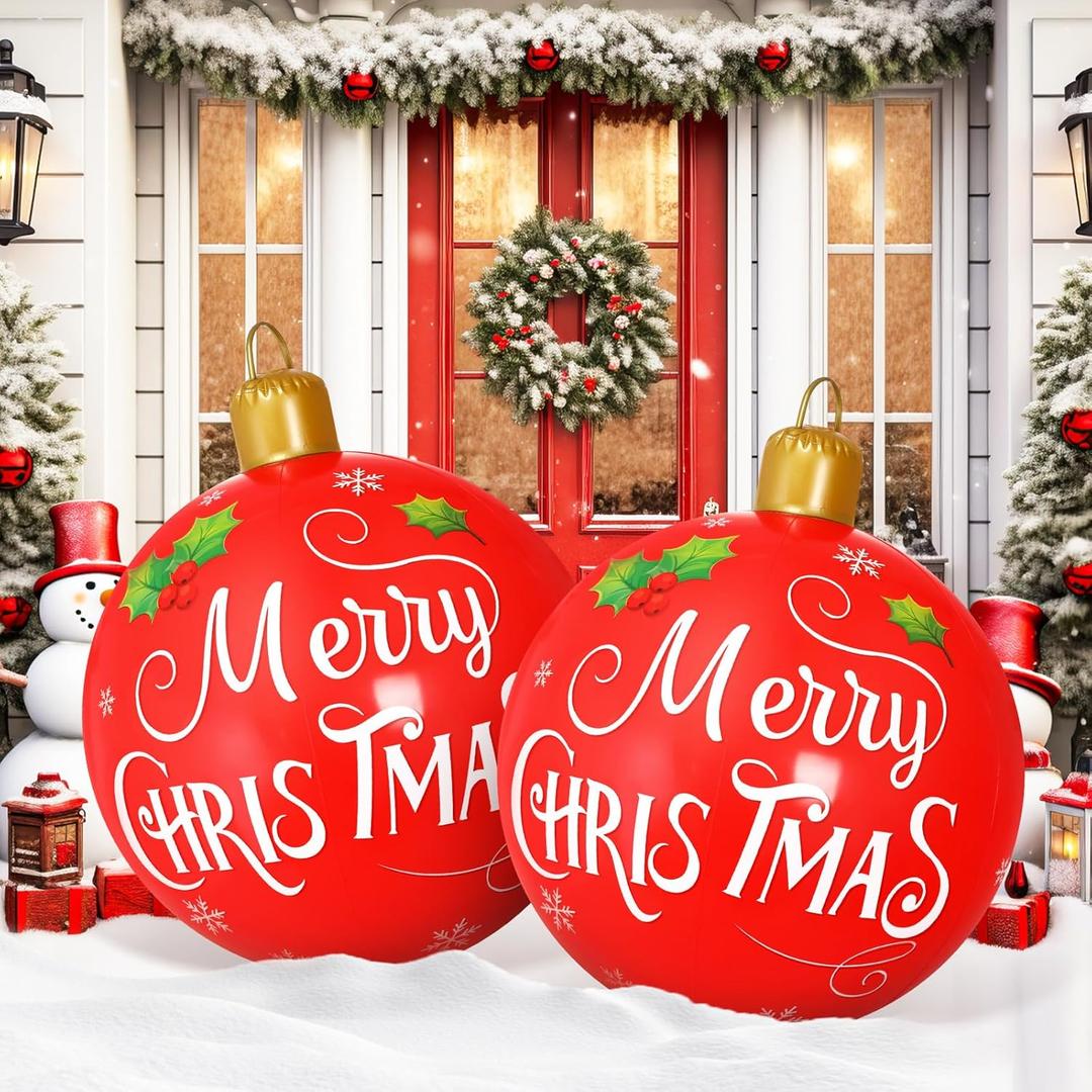 2 Pcs 24 Inches PVC Inflatable Christmas Ball Decorations, Giant Xmas Standing Christmas Ball for Holiday Indoor Outdoor Yard Garden Lawn Photo Props