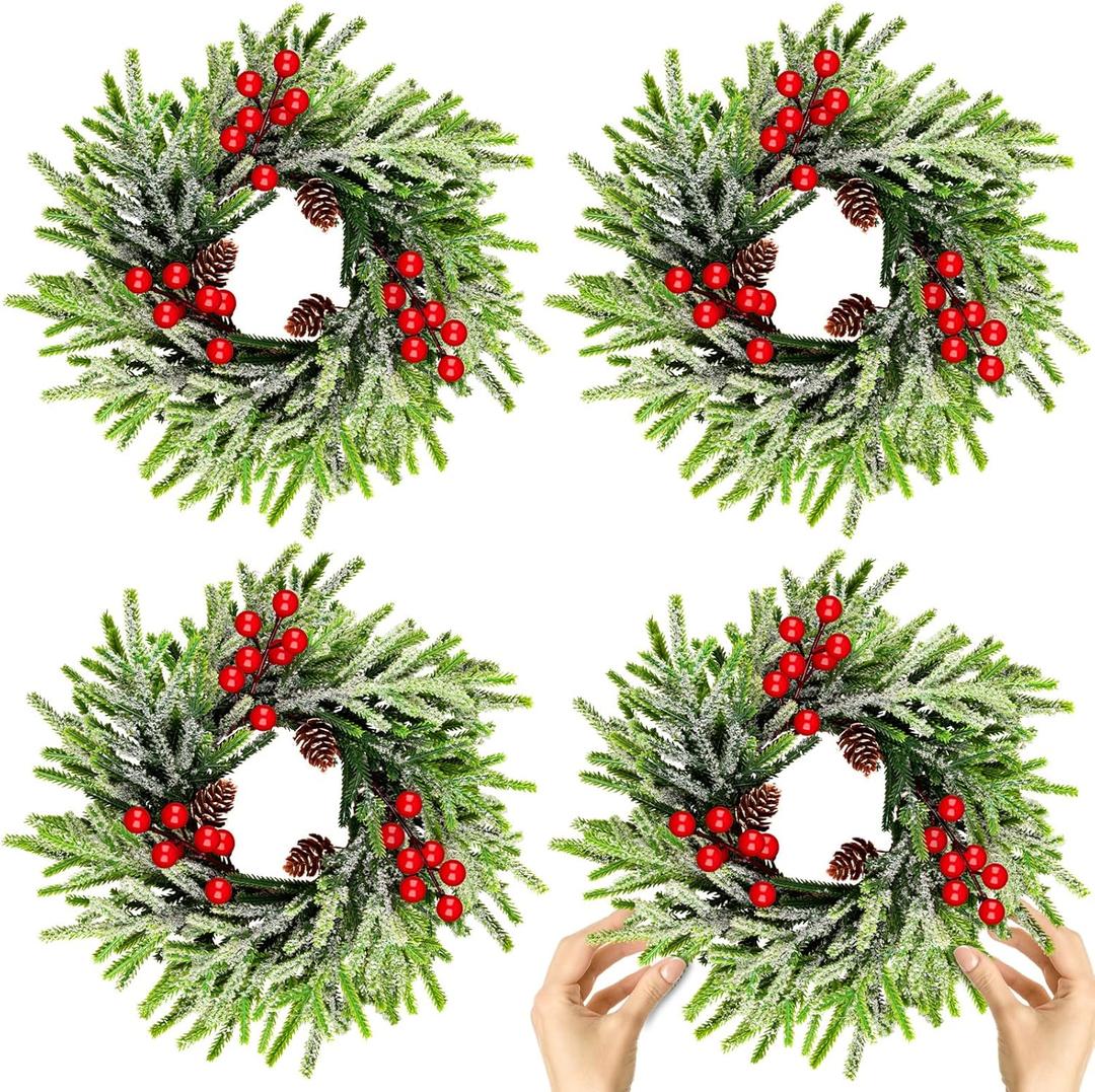 4 Pcs Christmas Wreath 10 Inch Green Artificial Wreaths Red Berry Pinecones Wreaths for Front Door Cabinets Wreath Indoor Outdoor Wall Decor Christmas Wall Home Decoration