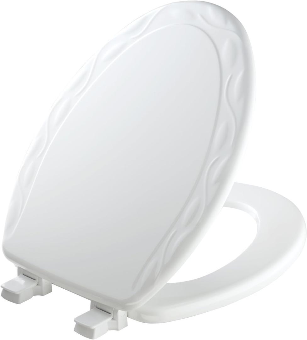 Mayfair Sculptured Ivy Toilet Seat, Easy Clean Hinges with Durable Wood Seat, Made in USA, Elongated, White