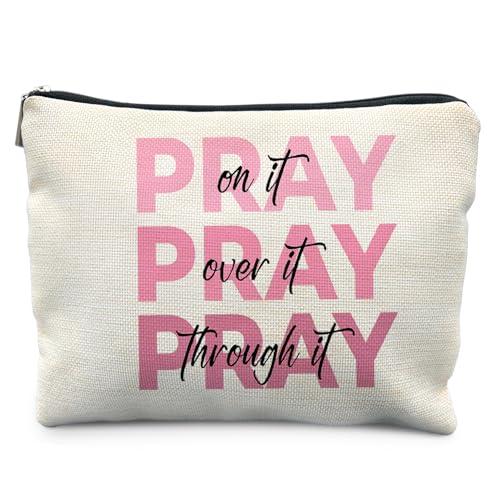 Likjad Pink Christian Makeup Bag, Pray On It Pray Over It Bible Verse Cosmetic Bags for Women, Trendy Girly Christian Makeup Pouch, Religious Gifts Zipper Pouch